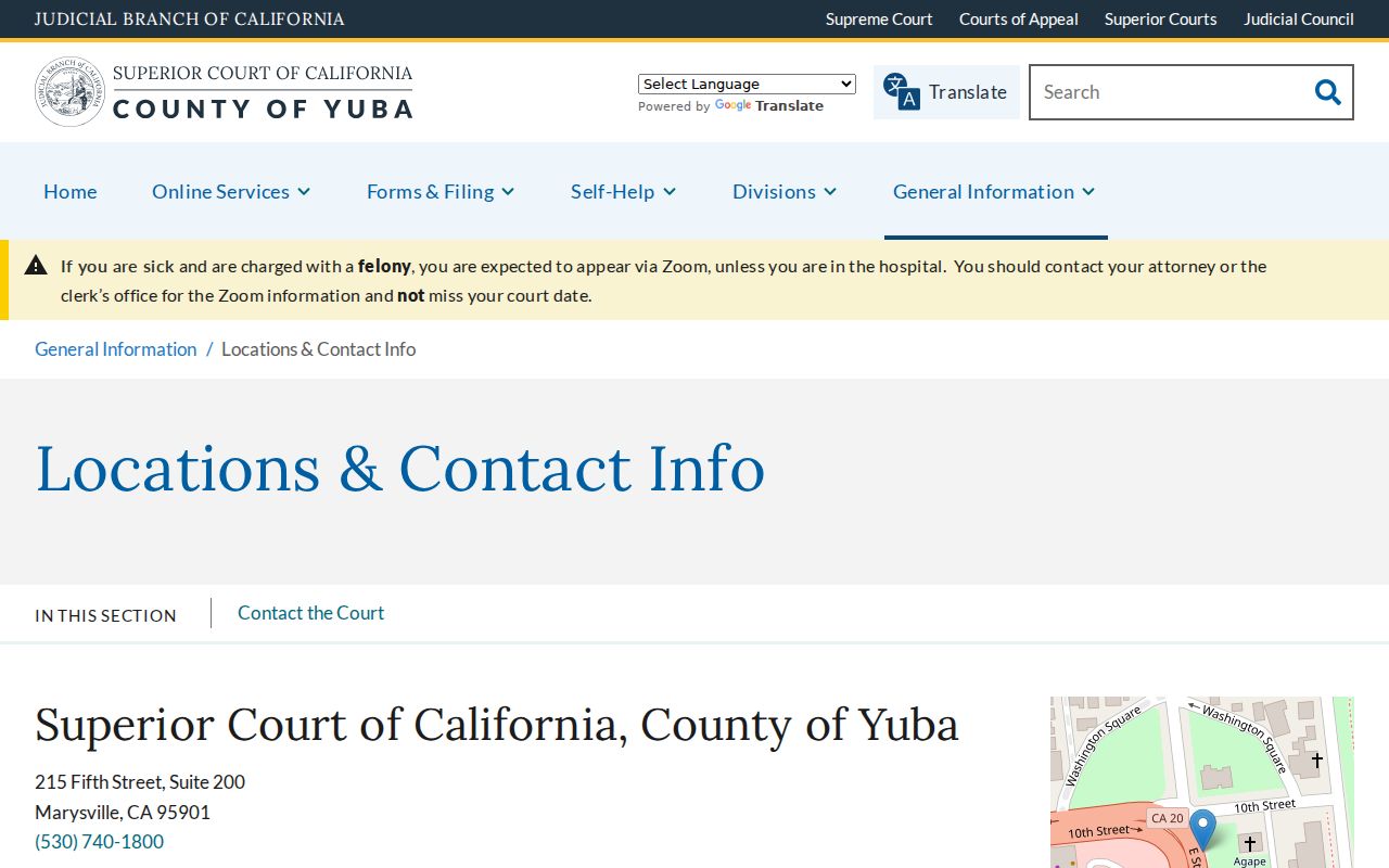 Yuba Superior Court locations and contact information page