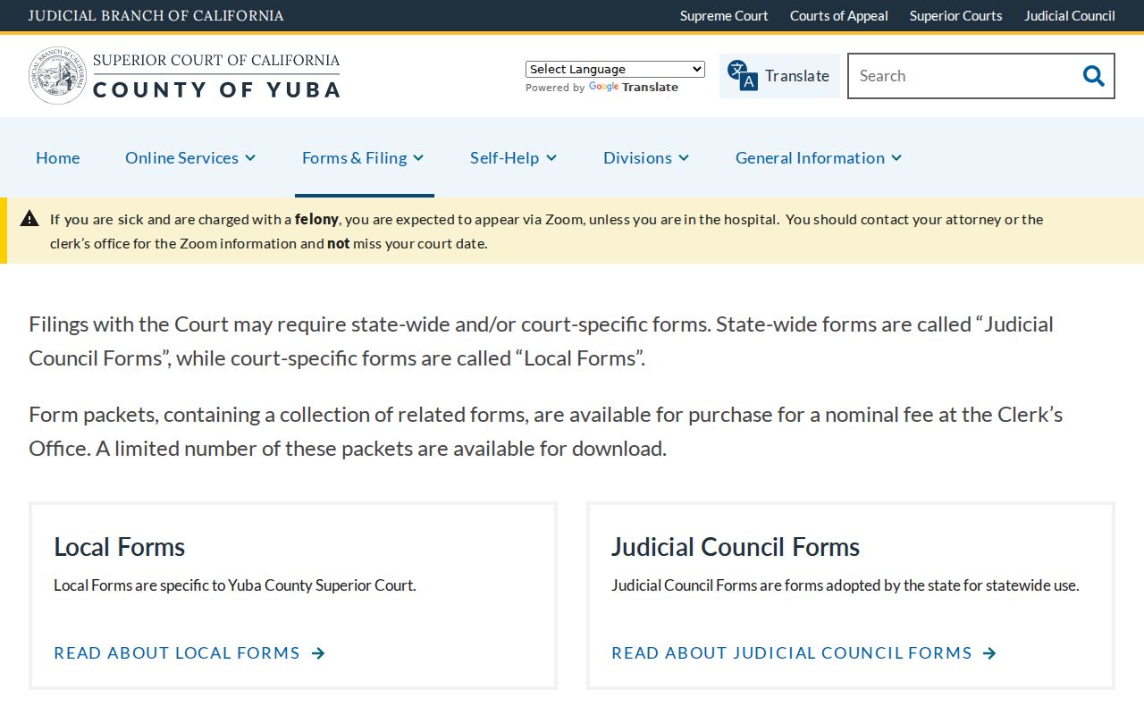 Yuba Superior Court forms and filing resources