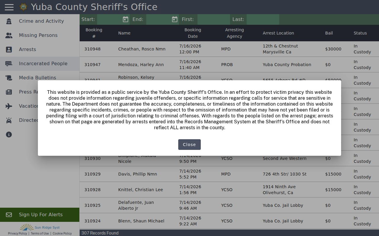 Citizen RIMS search for people in Yuba County Jail custody