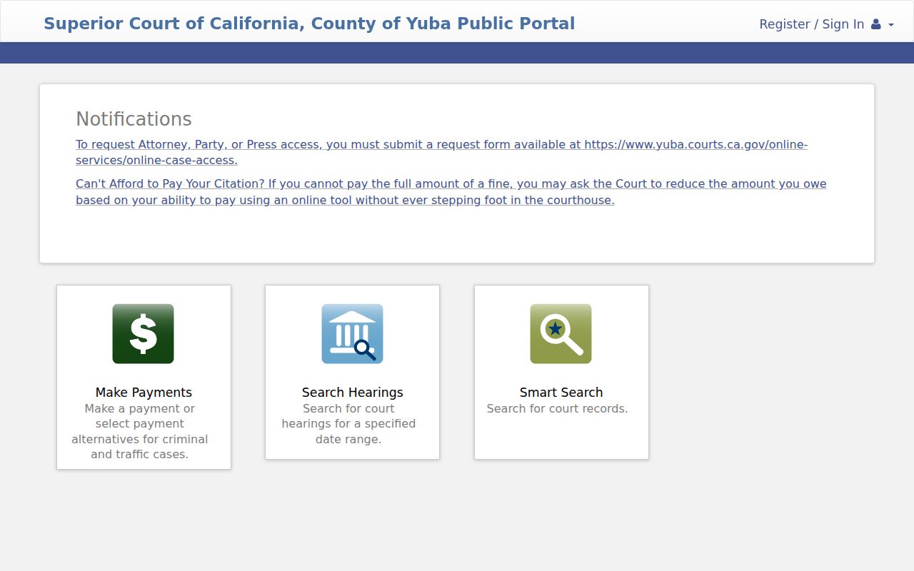 Tyler public portal for Yuba County criminal court records