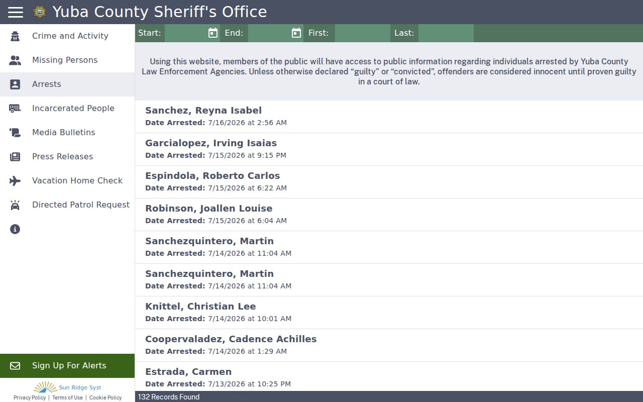 Citizen RIMS Yuba County arrest records interface
