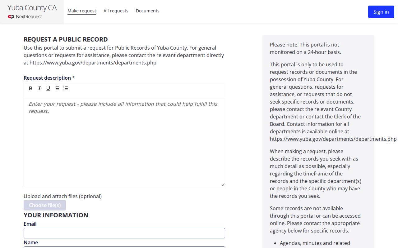 Yuba County NextRequest public records request portal