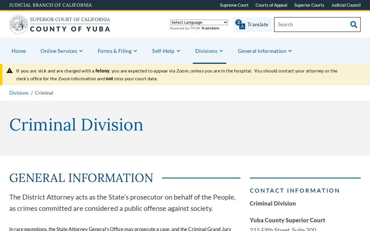 Yuba Superior Court Criminal Division page for criminal record services