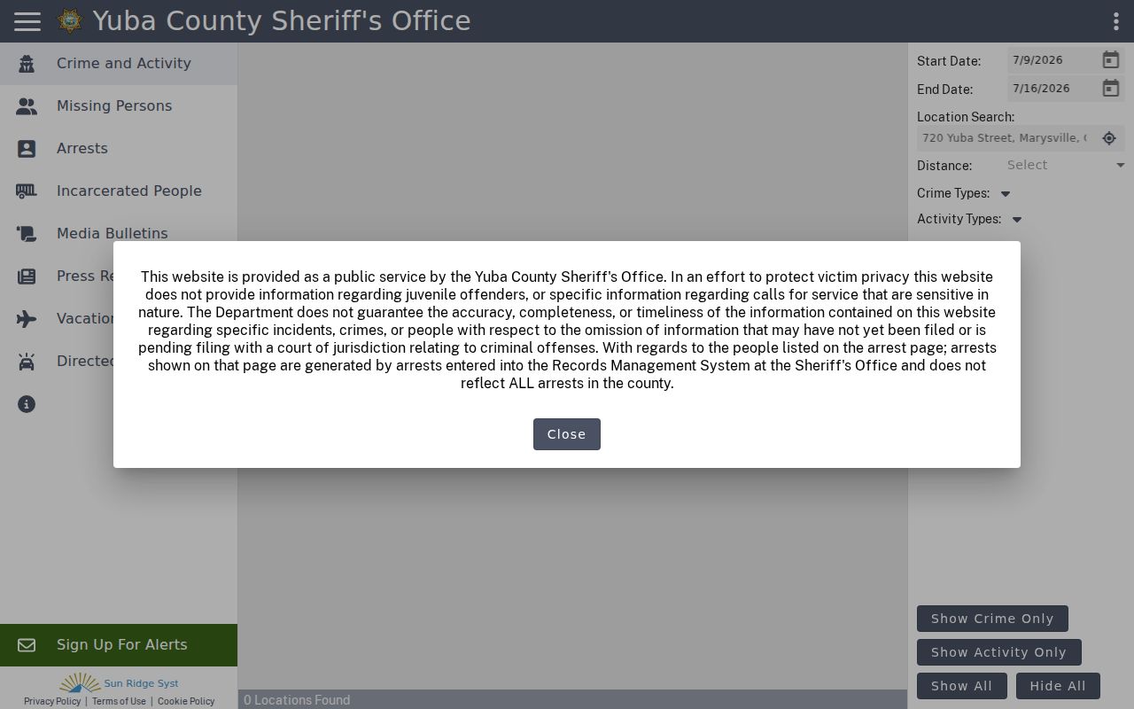 Yuba County Citizen RIMS public safety records landing page