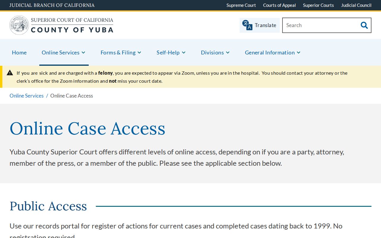 Yuba Superior Court online case access page for criminal records